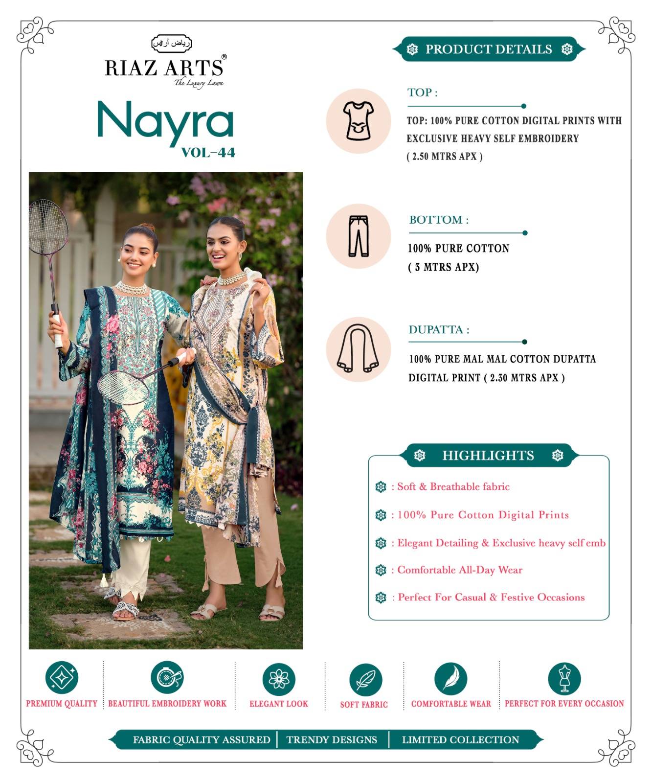 NAYRA VOL-44 By RIAZ ARTS 1001 To 1008 Series Pakistani Suits Ethnic Wear Pure Cotton Dresses At Wholesale